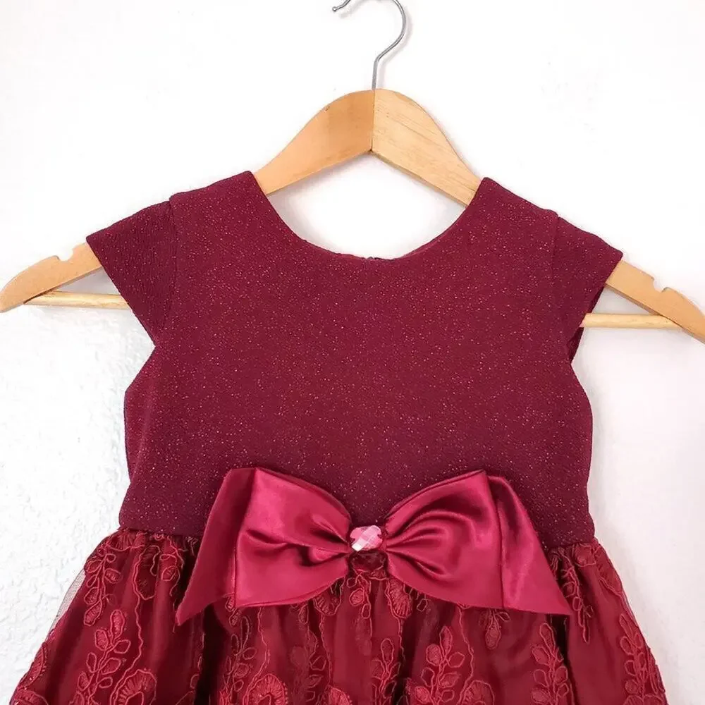 Youngland Girls Size 4 Red Glitter Floral Lace Holiday Dress Large Satin Bow